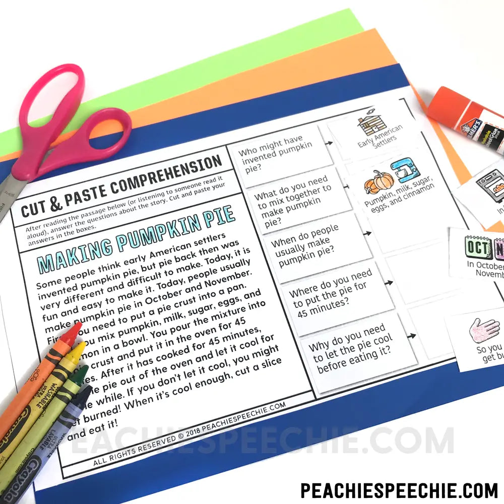 Cut and Paste Comprehension Stories for the WHOLE YEAR - Materials peachiespeechie.com