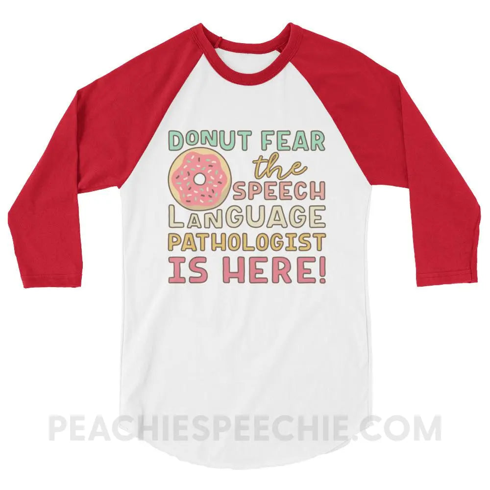 Donut Fear The SLP Is Here Baseball Tee - White/Red / XS - T-Shirts & Tops peachiespeechie.com