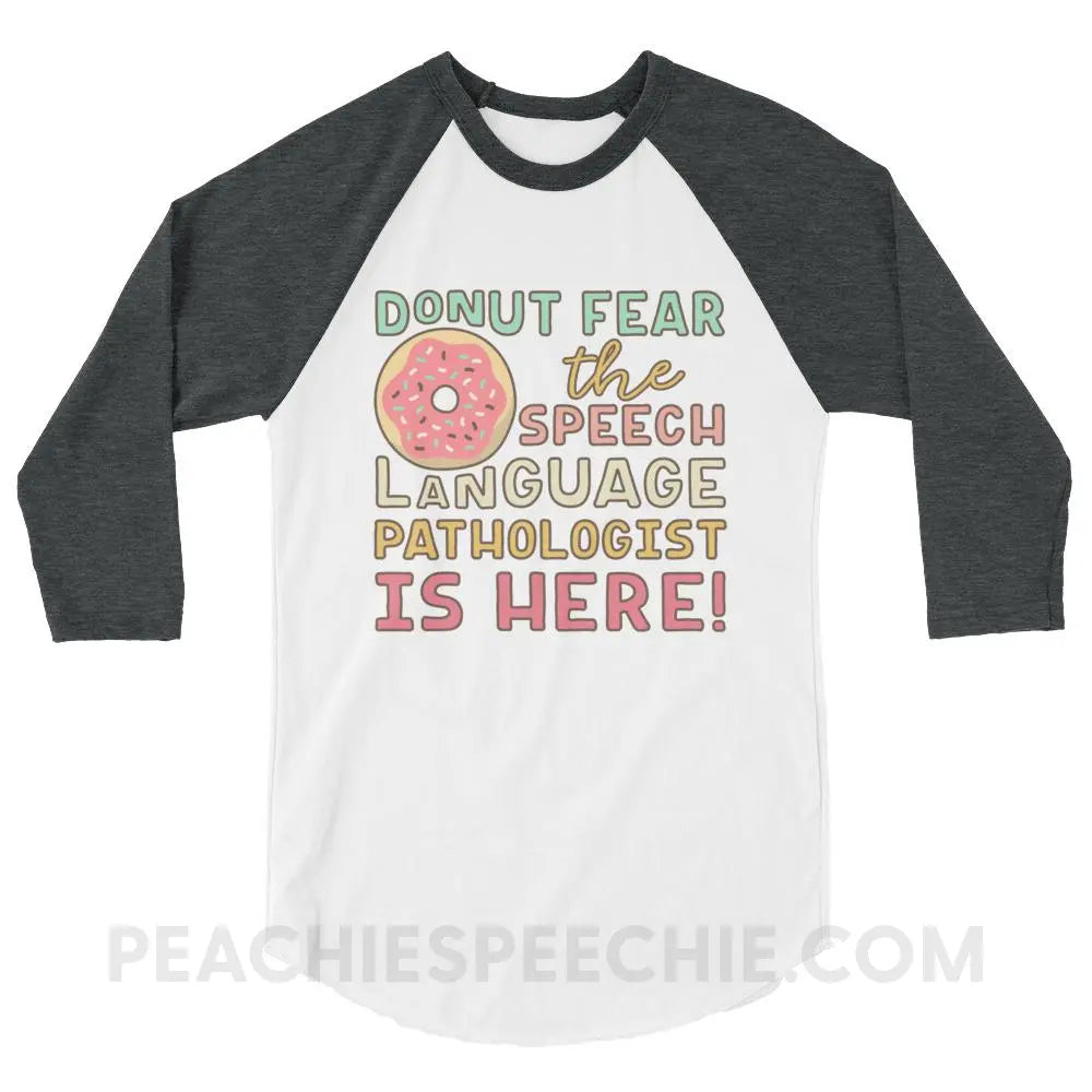 Donut Fear The SLP Is Here Baseball Tee - White/Heather Charcoal / XS - T-Shirts & Tops peachiespeechie.com