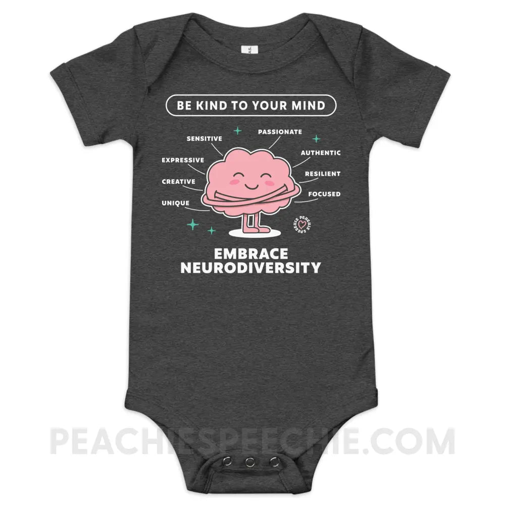 Embrace Neurodiversity Brain Baby Onesie - Dark Grey Heather / 3-6m - peachiespeechie.com