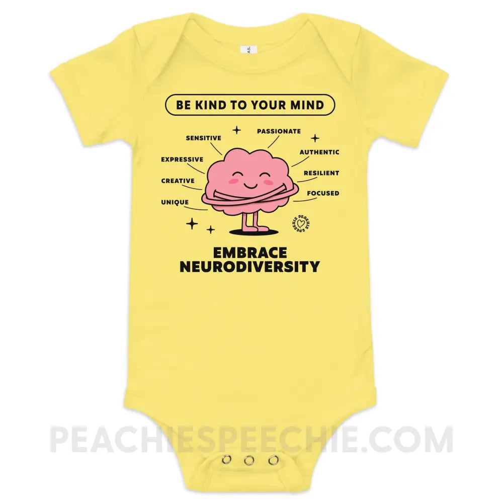 Embrace Neurodiversity Brain Baby Onesie - Yellow / 3-6m - peachiespeechie.com