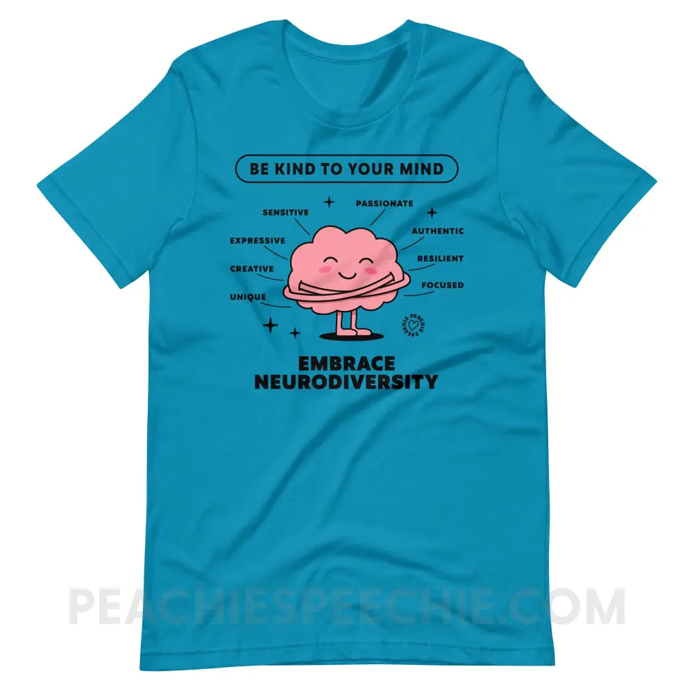 Embrace Neurodiversity Brain Premium Soft Tee - Aqua / S - peachiespeechie.com