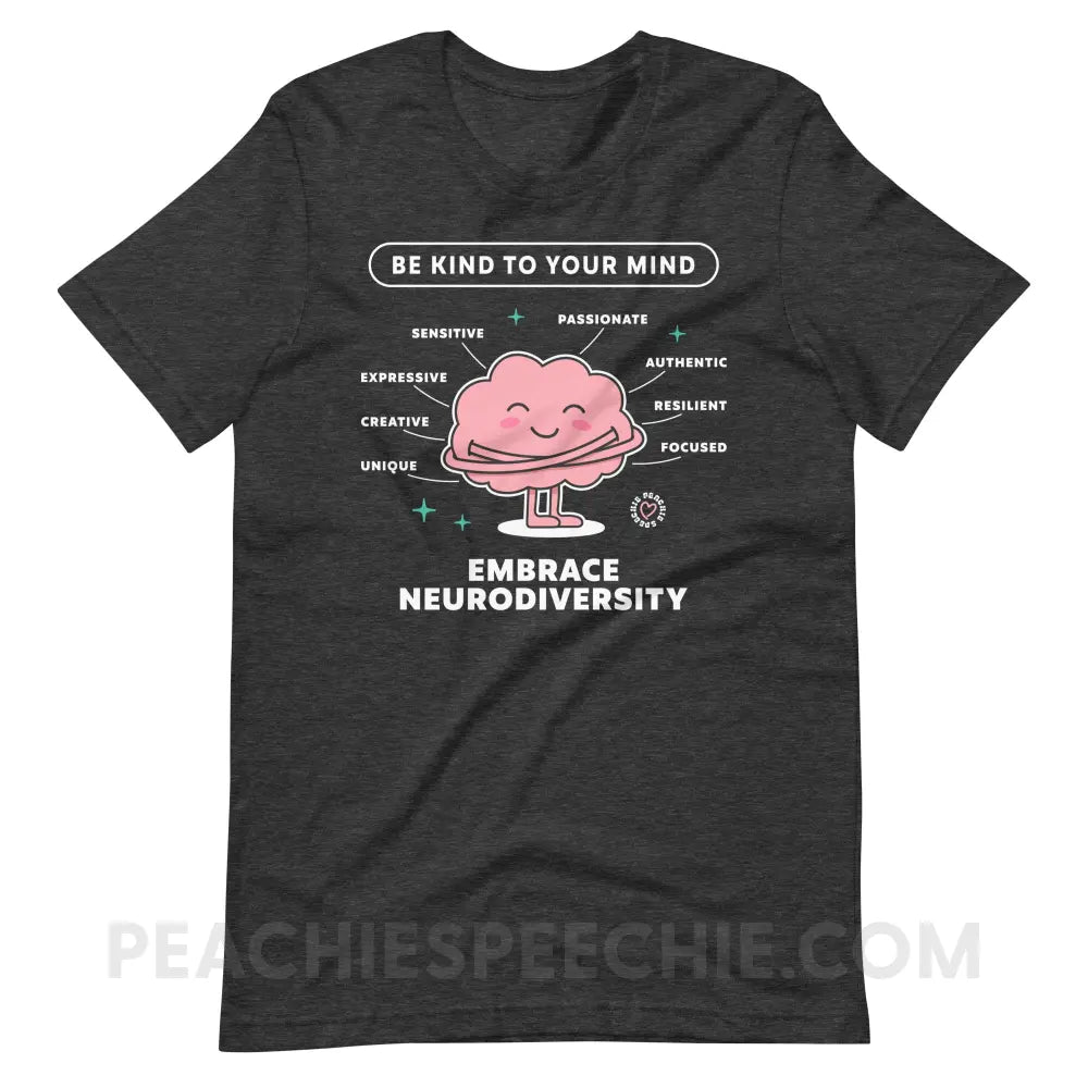 Embrace Neurodiversity Brain Premium Soft Tee - Dark Grey Heather / XS - peachiespeechie.com