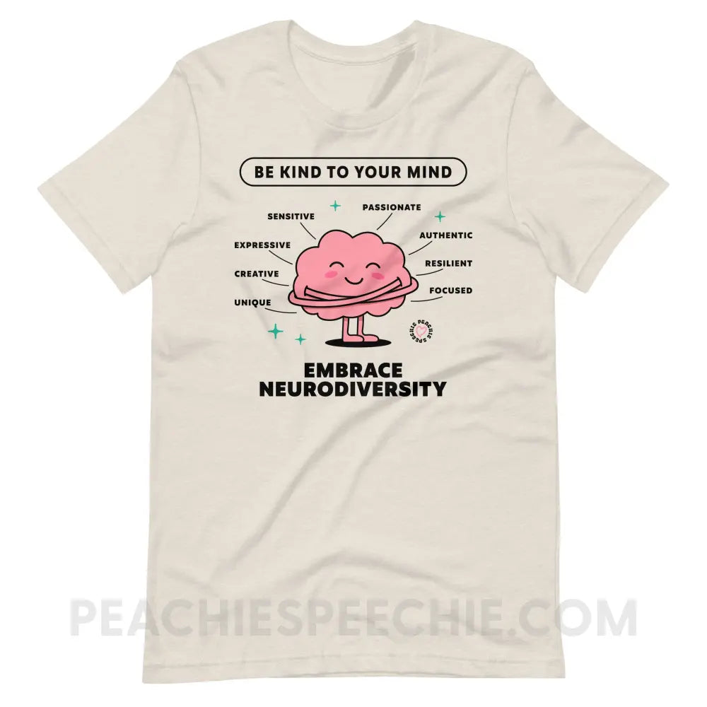 Embrace Neurodiversity Brain Premium Soft Tee - Heather Dust / S - peachiespeechie.com