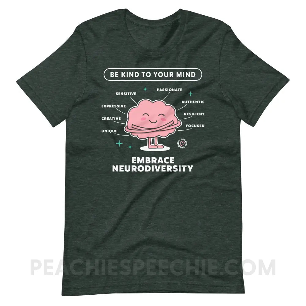 Embrace Neurodiversity Brain Premium Soft Tee - Heather Forest / S - peachiespeechie.com