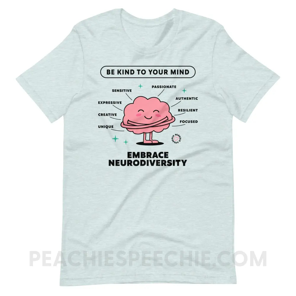 Embrace Neurodiversity Brain Premium Soft Tee - Heather Prism Ice Blue / XS - peachiespeechie.com