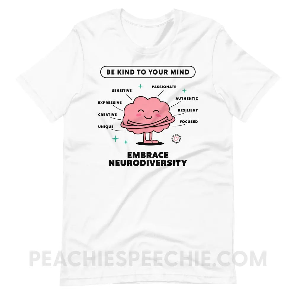 Embrace Neurodiversity Brain Premium Soft Tee - White / XS - peachiespeechie.com