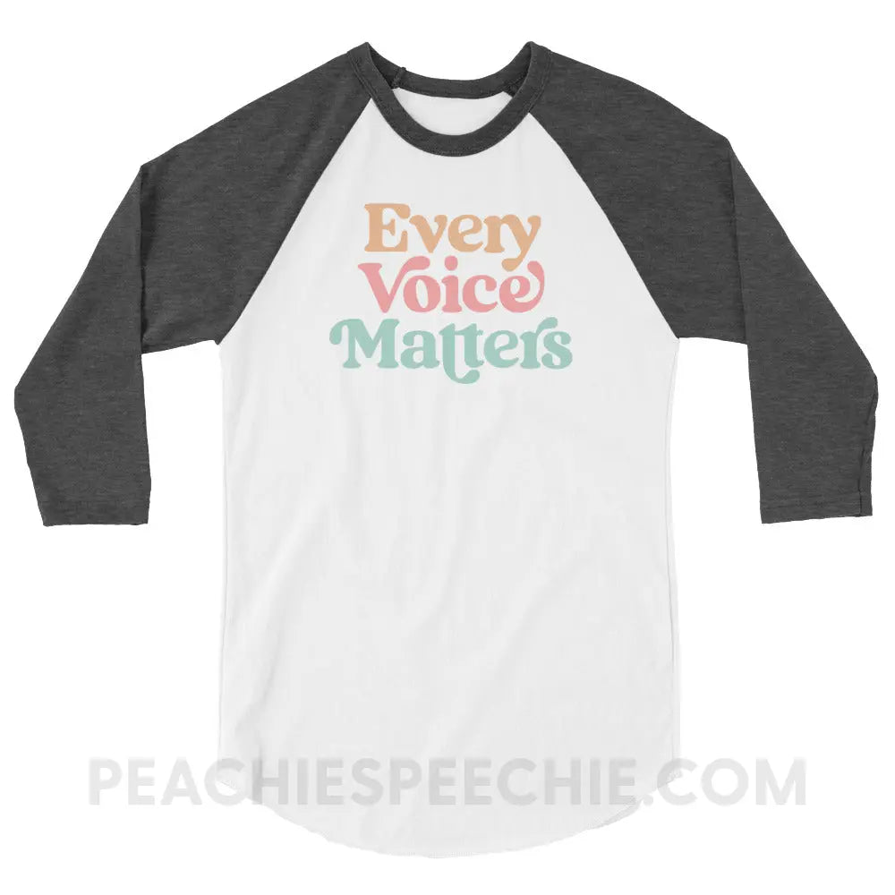 Every Voice Matters Baseball Tee - White/Heather Charcoal / XS - peachiespeechie.com