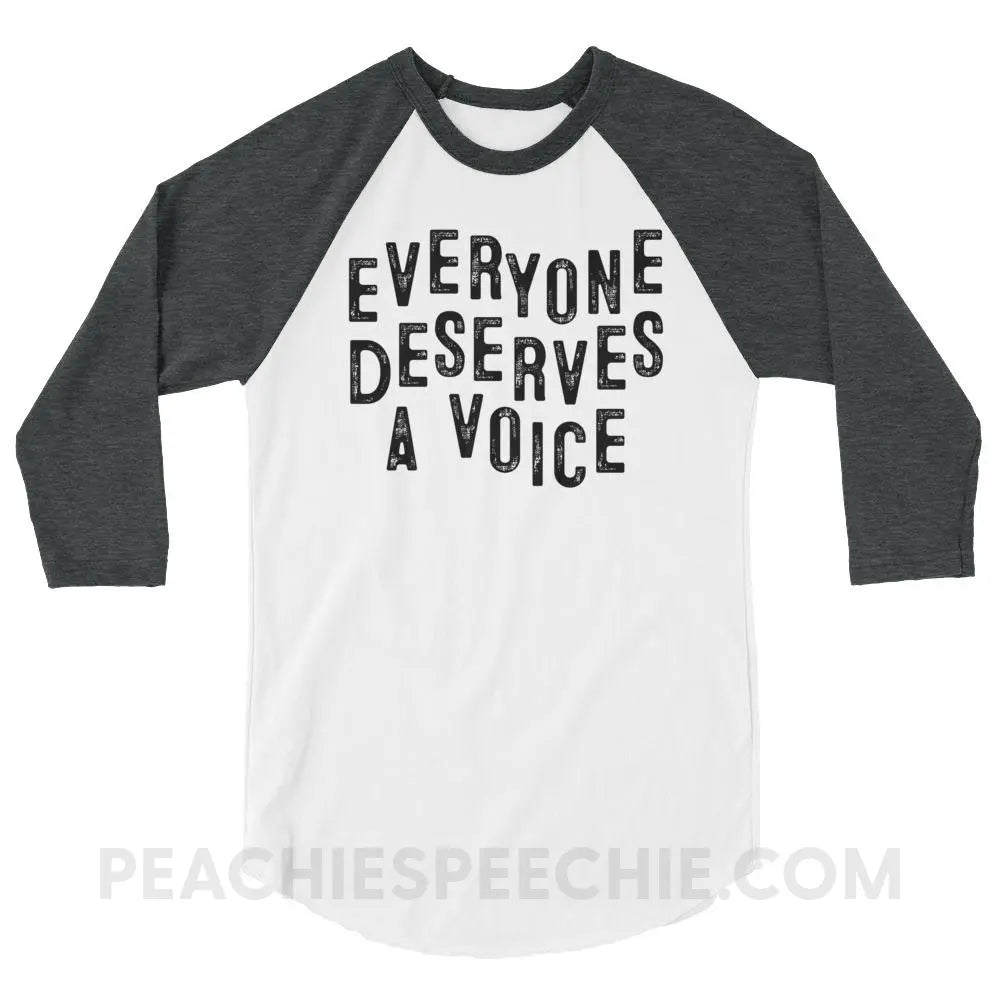 Everyone Deserves A Voice Baseball Tee - White/Heather Charcoal / XS - T-Shirts & Tops peachiespeechie.com