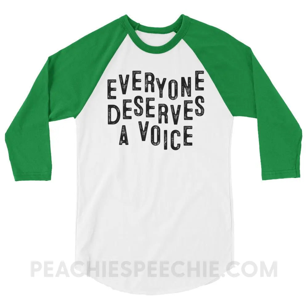 Everyone Deserves A Voice Baseball Tee - White/Kelly / XS - T-Shirts & Tops peachiespeechie.com