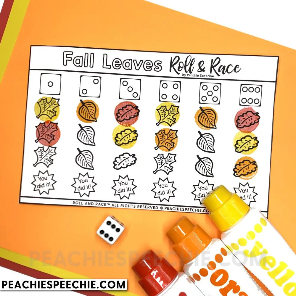 Fall Autumn Roll and Race - Open Ended Dice Game - Materials - peachiespeechie.com