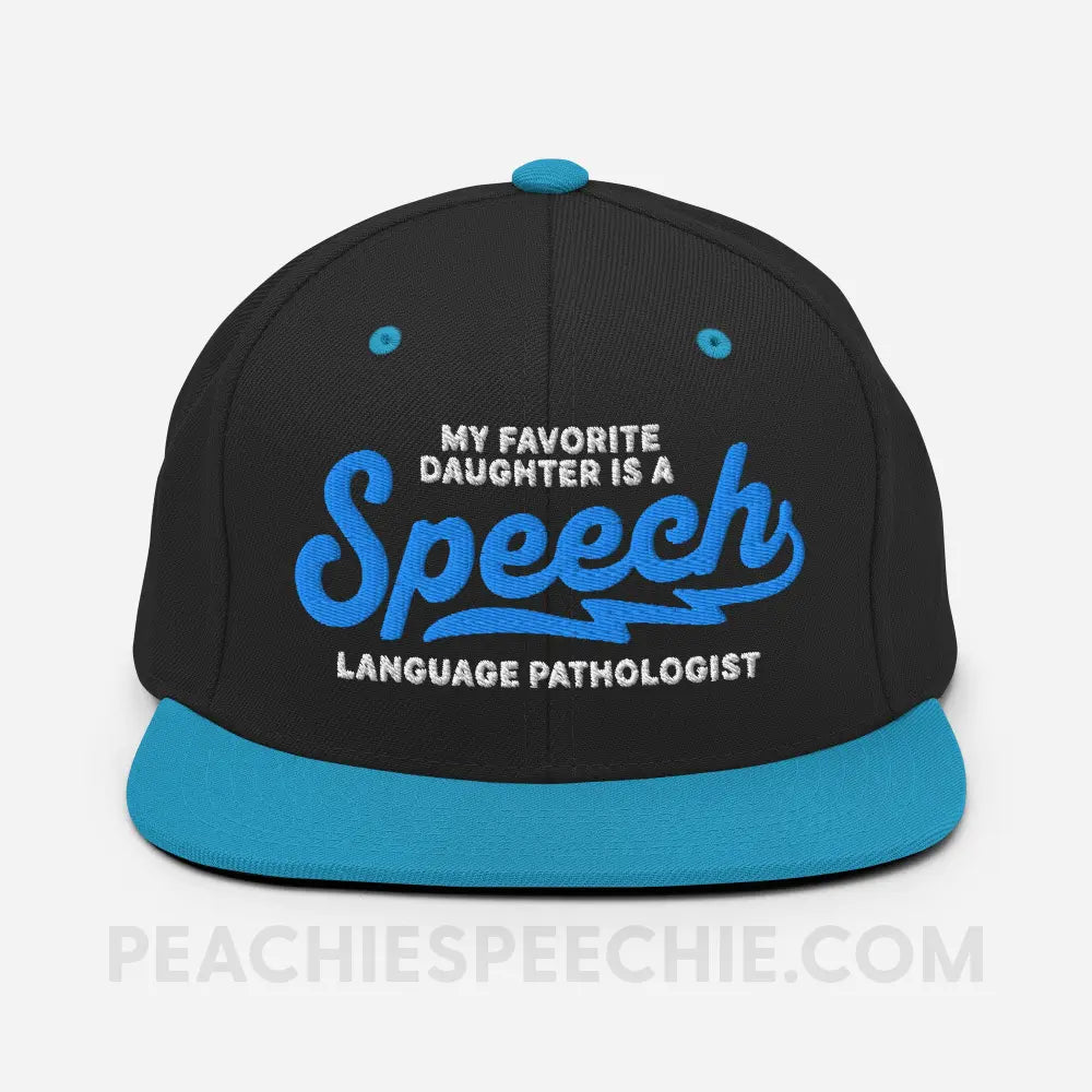 My Favorite Daughter Is An SLP Premium Ball Cap - Black/ Teal - peachiespeechie.com