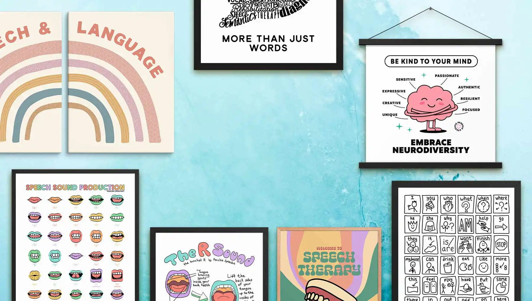 Various framed and unframed posters and prints for speech and language therapy.