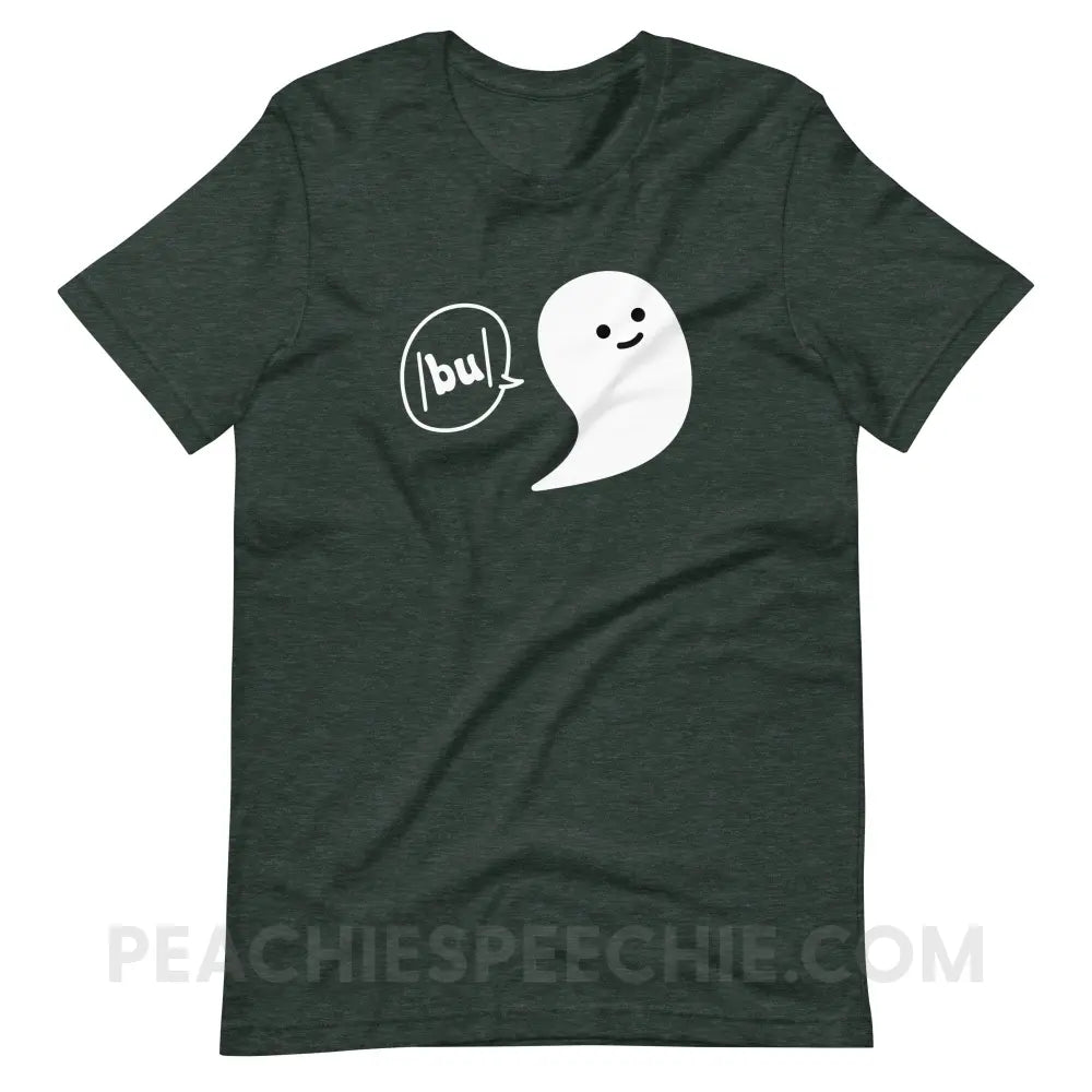 Ghosty Says /bu/ Premium Soft Tee - Heather Forest / S - peachiespeechie.com