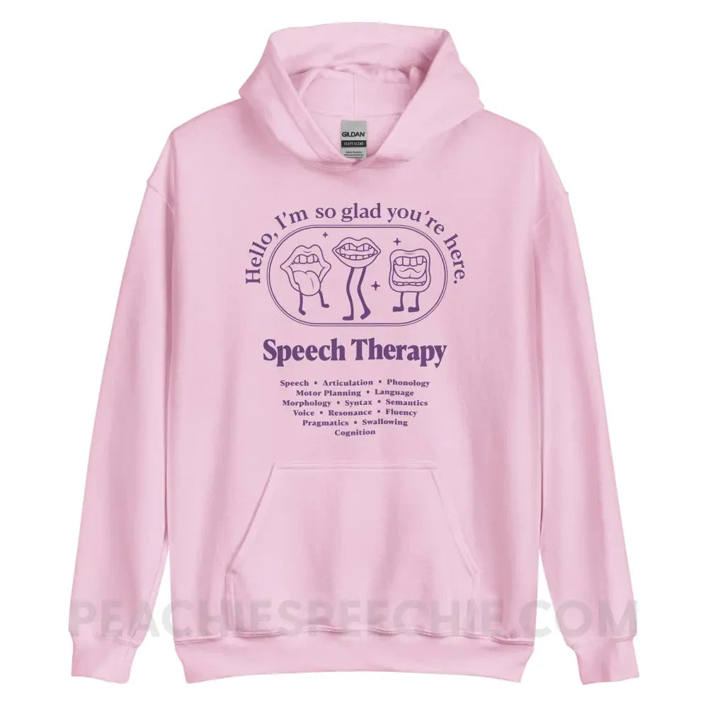 Glad You’re Here In Speech Therapy Classic Hoodie - Light Pink / S - peachiespeechie.com