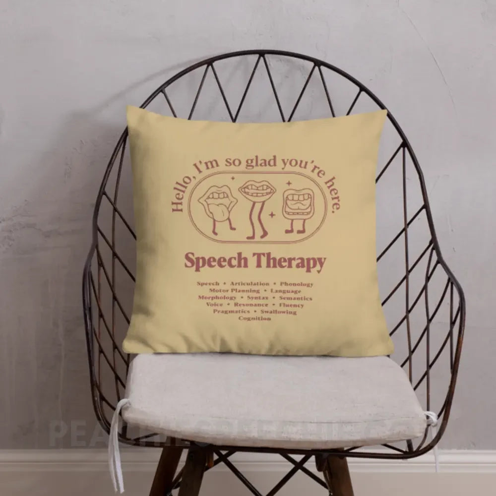 Glad You’re Here In Speech Therapy Throw Pillow - peachiespeechie.com