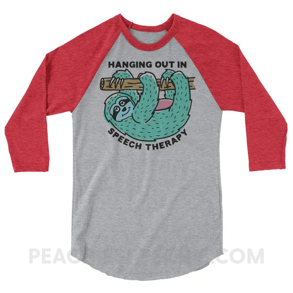 Hanging Out In Speech Sloth Baseball Tee - Heather Grey/Heather Red / XS - T-Shirts & Tops peachiespeechie.com