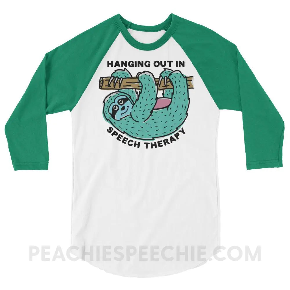 Hanging Out In Speech Sloth Baseball Tee - White/Kelly / XS - T-Shirts & Tops peachiespeechie.com