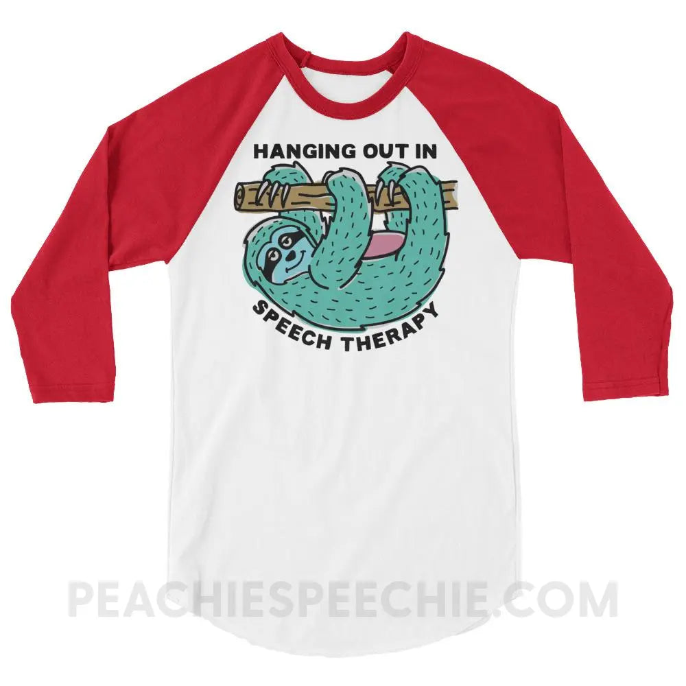 Hanging Out In Speech Sloth Baseball Tee - White/Red / XS - T-Shirts & Tops peachiespeechie.com
