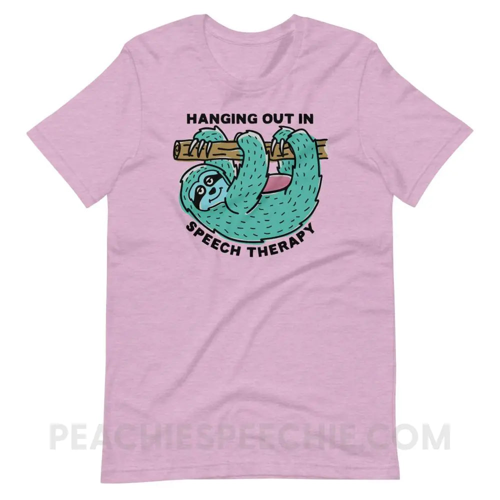 Hanging Out In Speech Sloth Premium Soft Tee - Heather Prism Lilac / XS - T-Shirts & Tops peachiespeechie.com