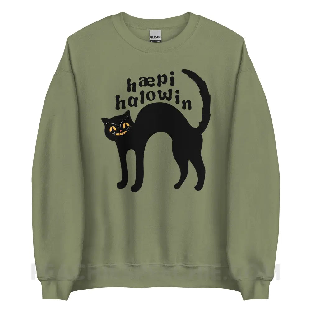 Happy Halloween IPA Black Cat Classic Sweatshirt - Military Green / S - peachiespeechie.com