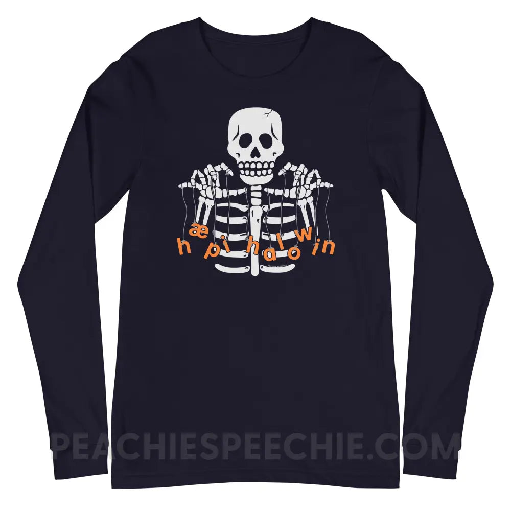 Happy Halloween Skeleton Premium Long Sleeve - Navy / S T - Shirts & Tops peachiespeechie.com