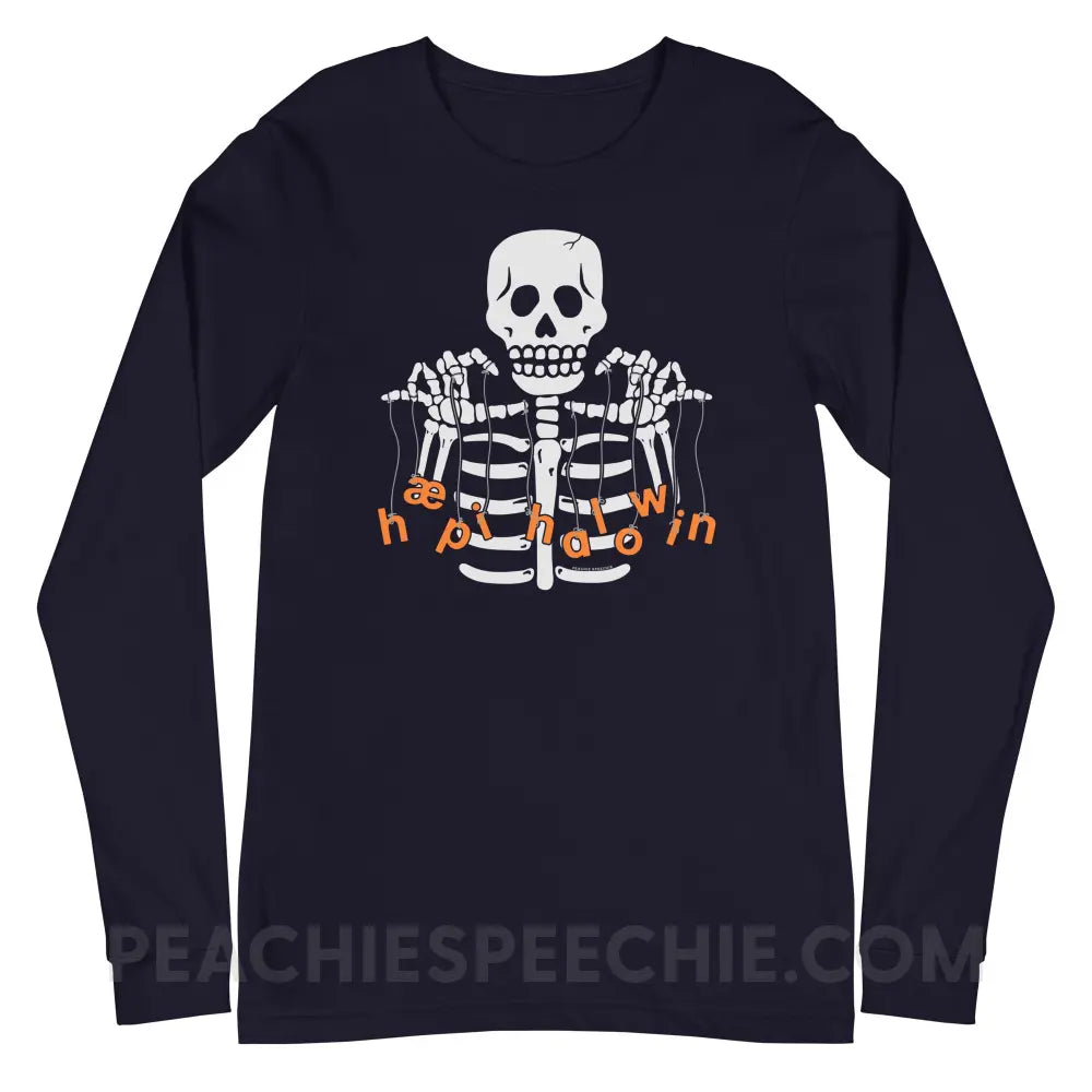 Happy Halloween Skeleton Premium Long Sleeve - Navy / S - T-Shirts & Tops peachiespeechie.com