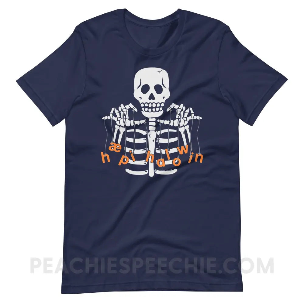 Happy Halloween Skeleton Premium Soft Tee - Navy / S - T-Shirts & Tops peachiespeechie.com