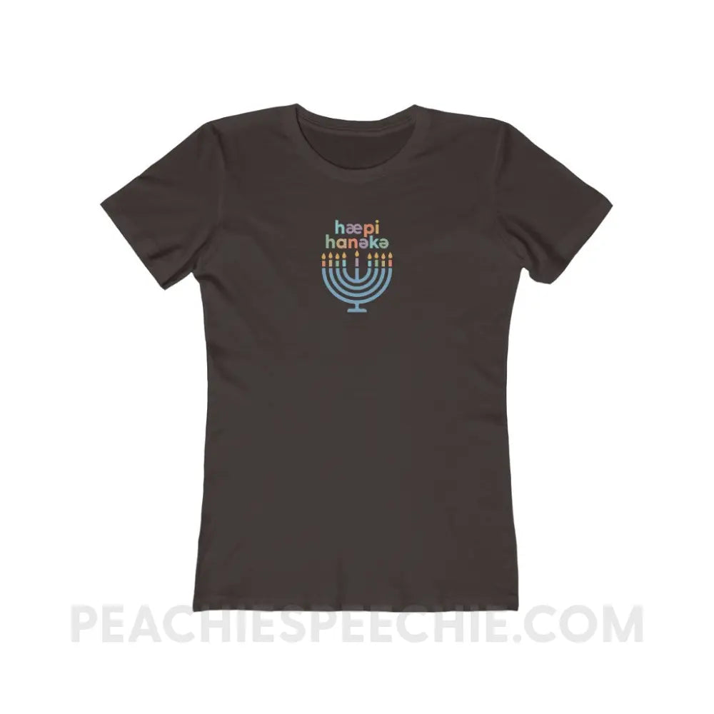 Happy Hanukkah IPA Menorah Women’s Fitted Tee - Solid Dark Chocolate / S - T-Shirt peachiespeechie.com