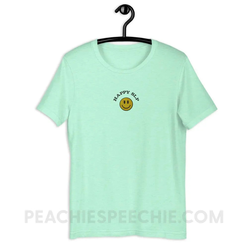 Happy SLP Embroidered Premium Soft Tee - Heather Mint / S - peachiespeechie.com