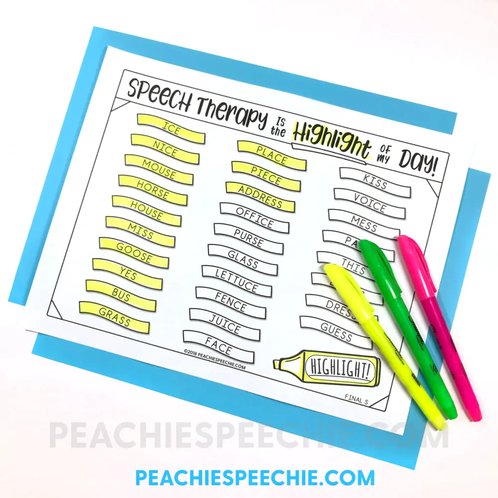Highlighter Speech and Language - Materials peachiespeechie.com