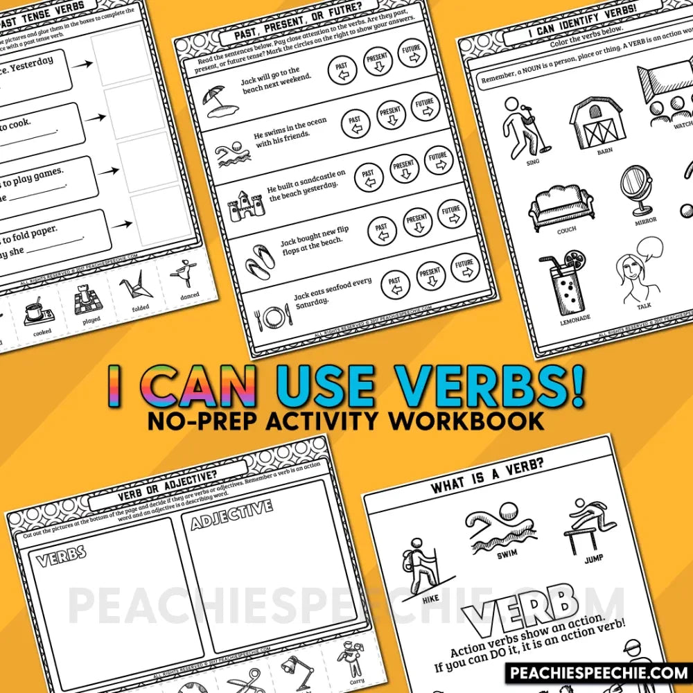 I Can Use Verbs: No-Prep Workbook - Materials peachiespeechie.com