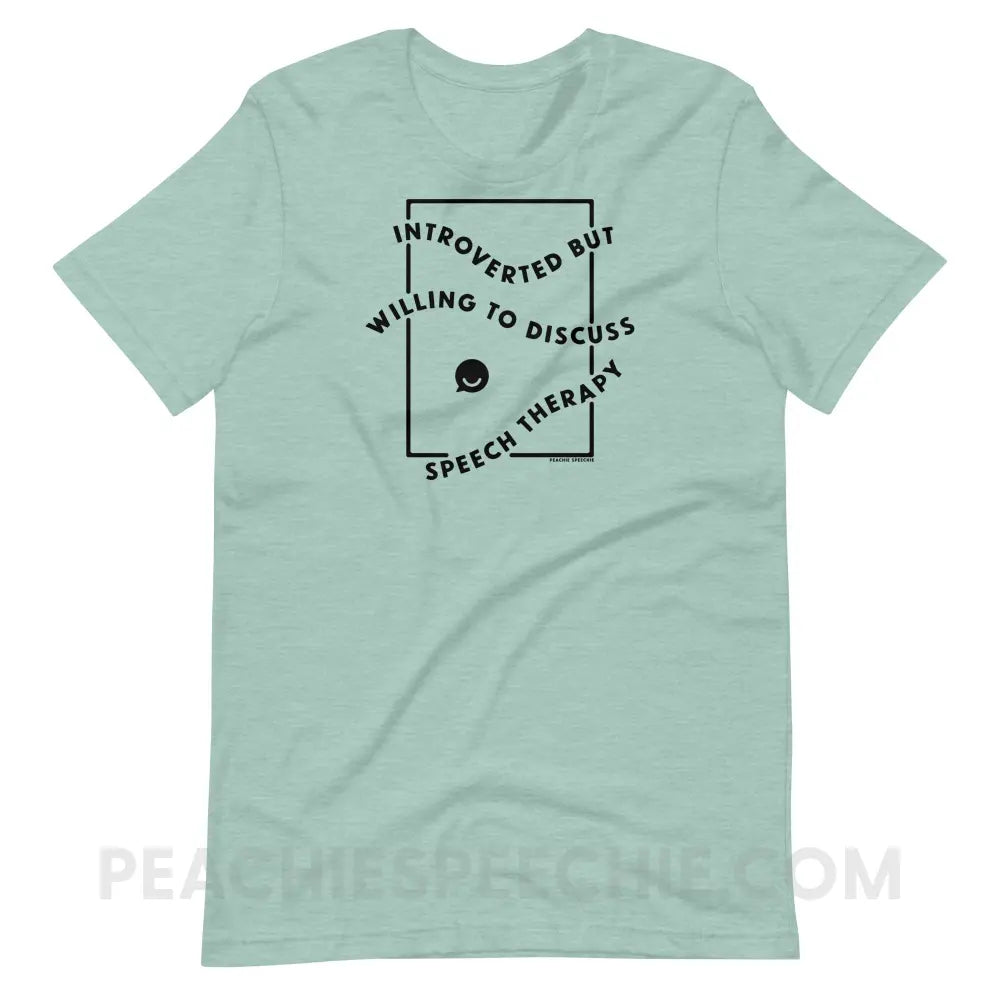 Introverted But Willing To Discuss Speech Therapy Premium Soft Tee - Heather Prism Dusty Blue / XS - peachiespeechie.com