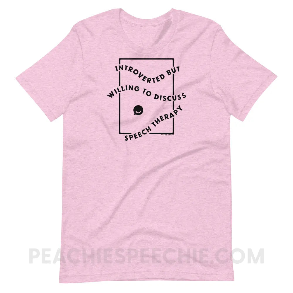 Introverted But Willing To Discuss Speech Therapy Premium Soft Tee - Heather Prism Lilac / XS - peachiespeechie.com