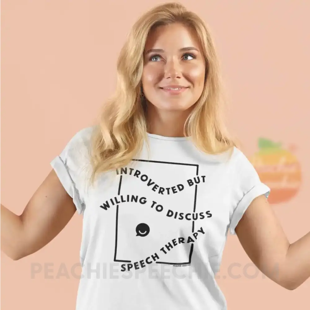 Introverted But Willing To Discuss Speech Therapy Premium Soft Tee - White / XS - peachiespeechie.com