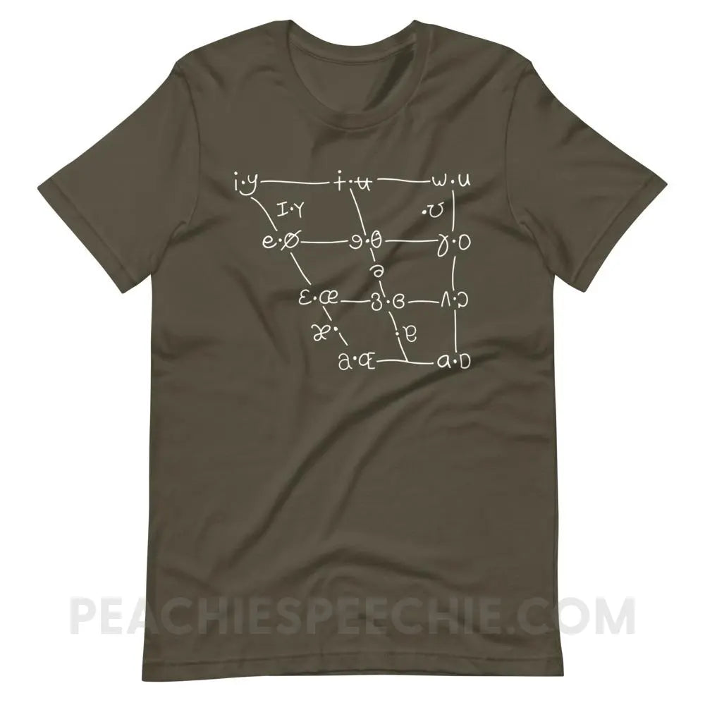 IPA Vowel Chart Premium Soft Tee - Army / S - T-Shirts & Tops peachiespeechie.com