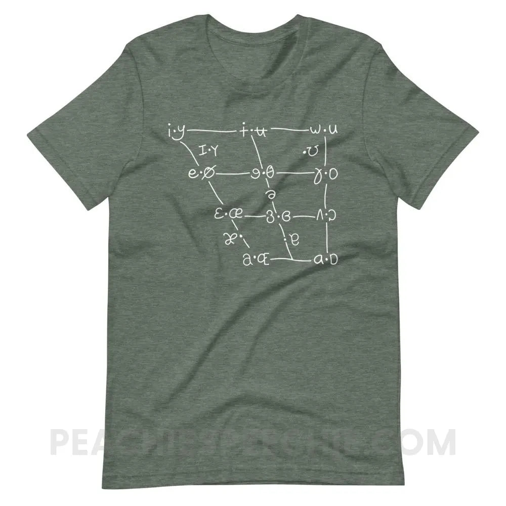 IPA Vowel Chart Premium Soft Tee - Heather Forest / S - T-Shirts & Tops peachiespeechie.com