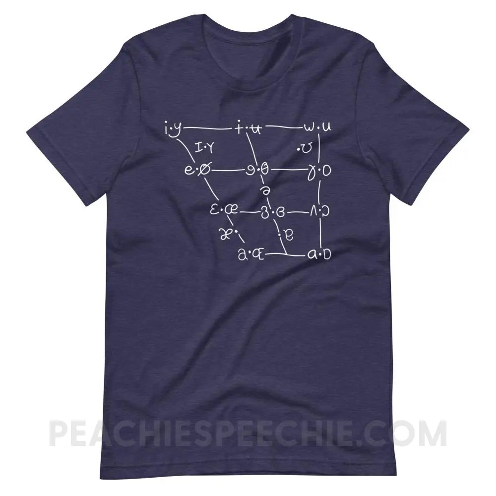 IPA Vowel Chart Premium Soft Tee - Heather Midnight Navy / XS - T-Shirts & Tops peachiespeechie.com