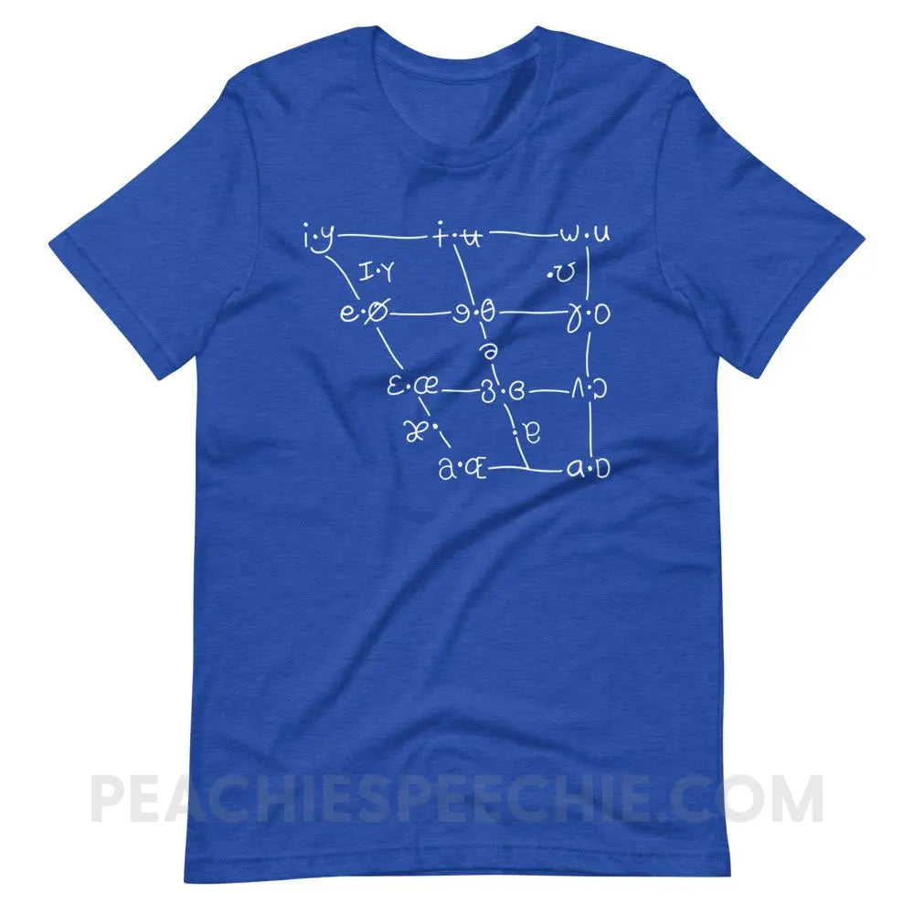 IPA Vowel Chart Premium Soft Tee - Heather True Royal / S - T-Shirts & Tops peachiespeechie.com