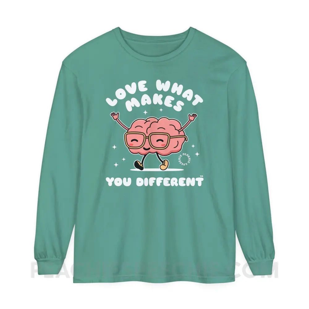 Love What Makes You Different™ Brain Character Comfort Colors Long Sleeve - Light Green / S - Long-sleeve peachiespeechie.com
