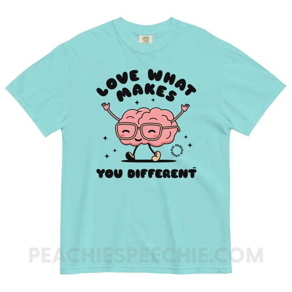 Love What Makes You Different™ Brain Character Comfort Colors Tee - Lagoon Blue / S - peachiespeechie.com