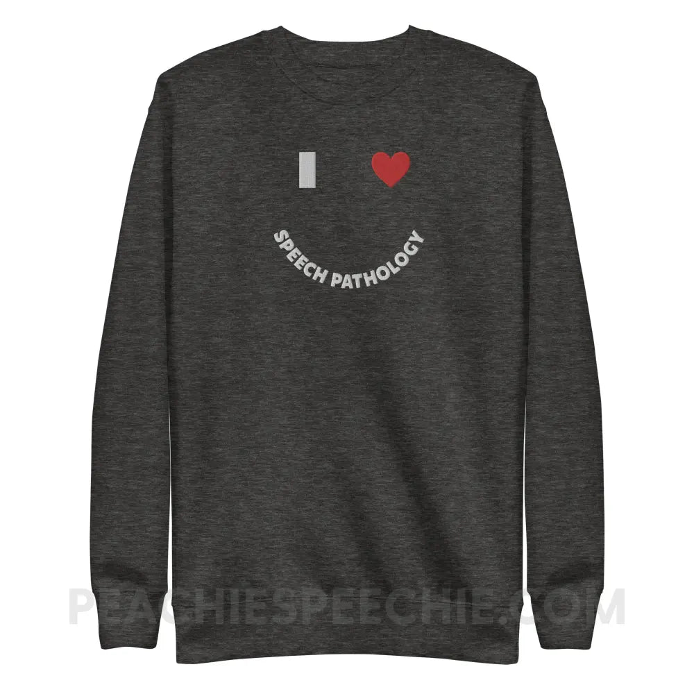 I Love Speech Pathology Embroidered Fave Crewneck - Charcoal Heather / S - peachiespeechie.com