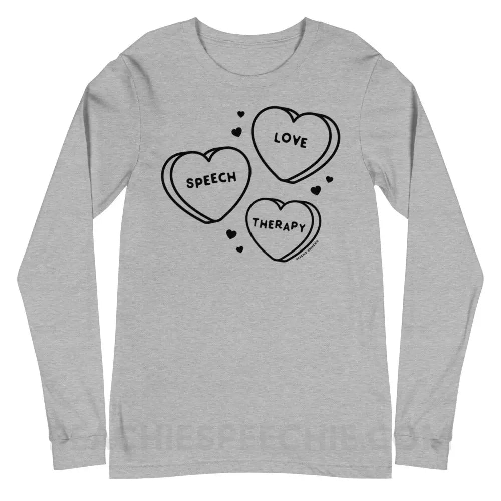 Love Speech Therapy Candy Hearts Premium Long Sleeve - Athletic Heather / XS - peachiespeechie.com