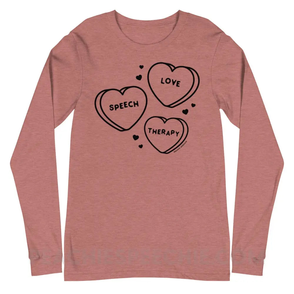 Love Speech Therapy Candy Hearts Premium Long Sleeve - Heather Mauve / XS - peachiespeechie.com