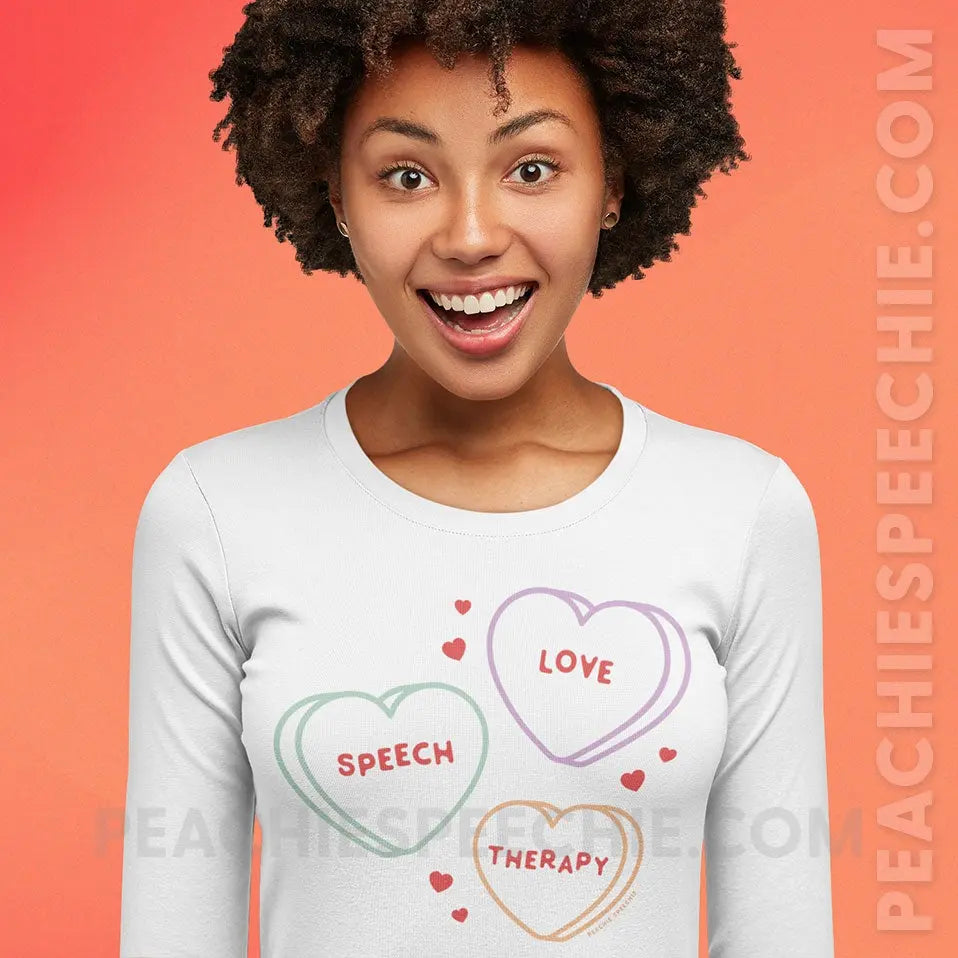 Love Speech Therapy Candy Hearts Premium Long Sleeve - White / XS - peachiespeechie.com