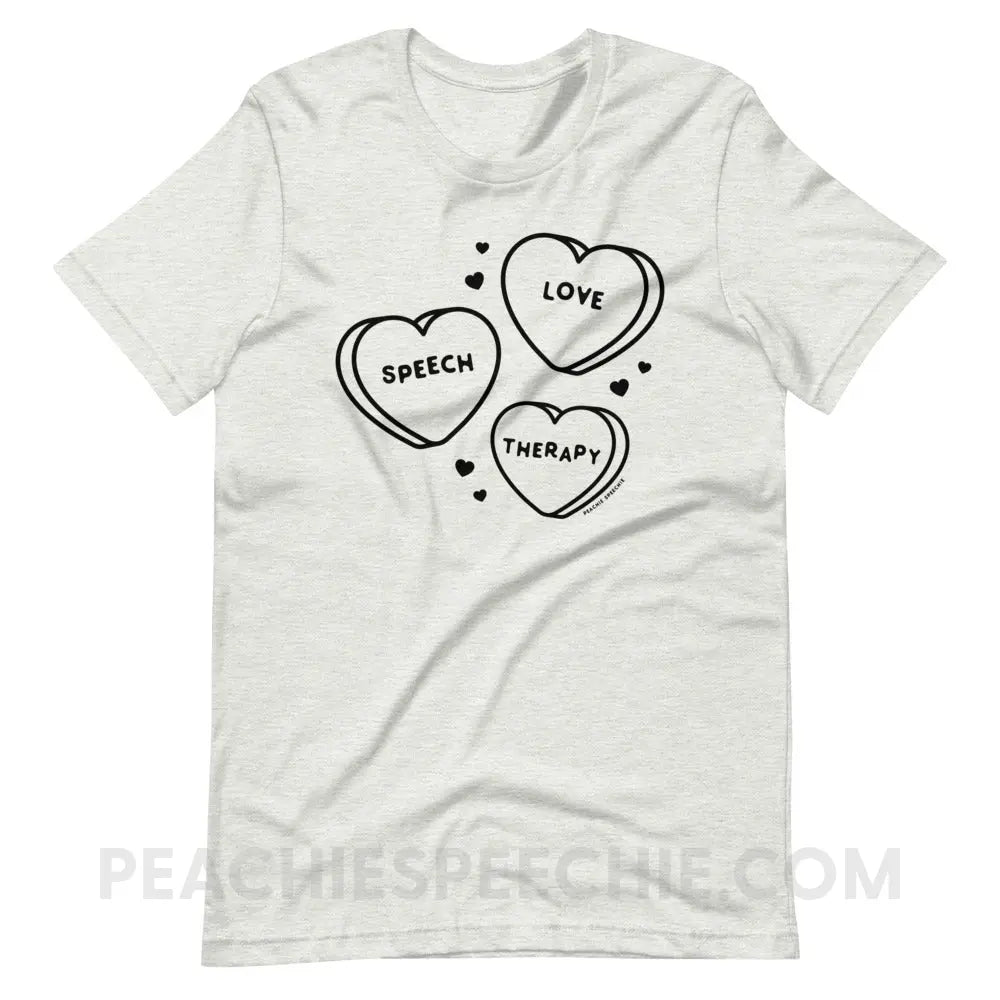 Love Speech Therapy Candy Hearts Premium Soft Tee - Ash / S - peachiespeechie.com