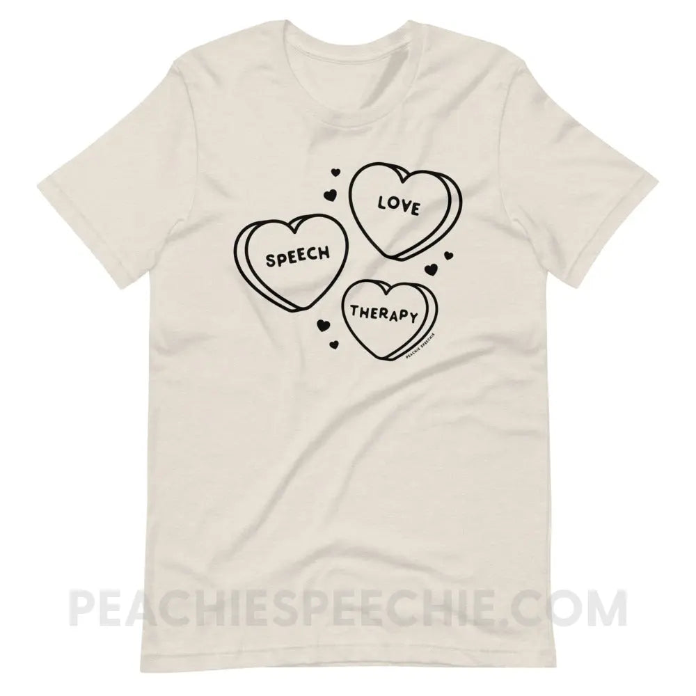 Love Speech Therapy Candy Hearts Premium Soft Tee - Heather Dust / S - peachiespeechie.com