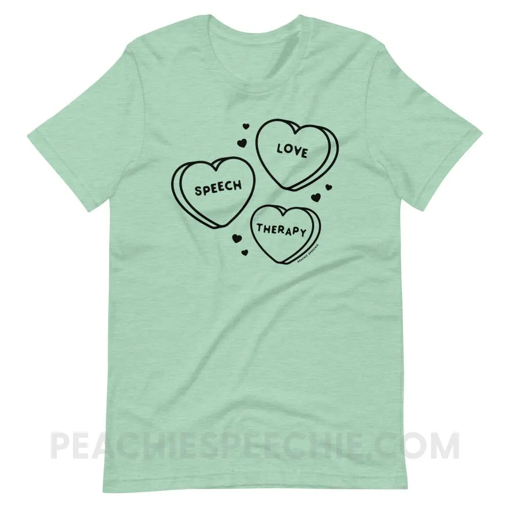 Love Speech Therapy Candy Hearts Premium Soft Tee - Heather Prism Mint / XS - peachiespeechie.com
