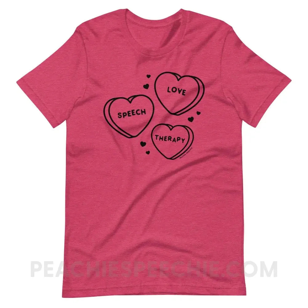 Love Speech Therapy Candy Hearts Premium Soft Tee - Heather Raspberry / S - peachiespeechie.com