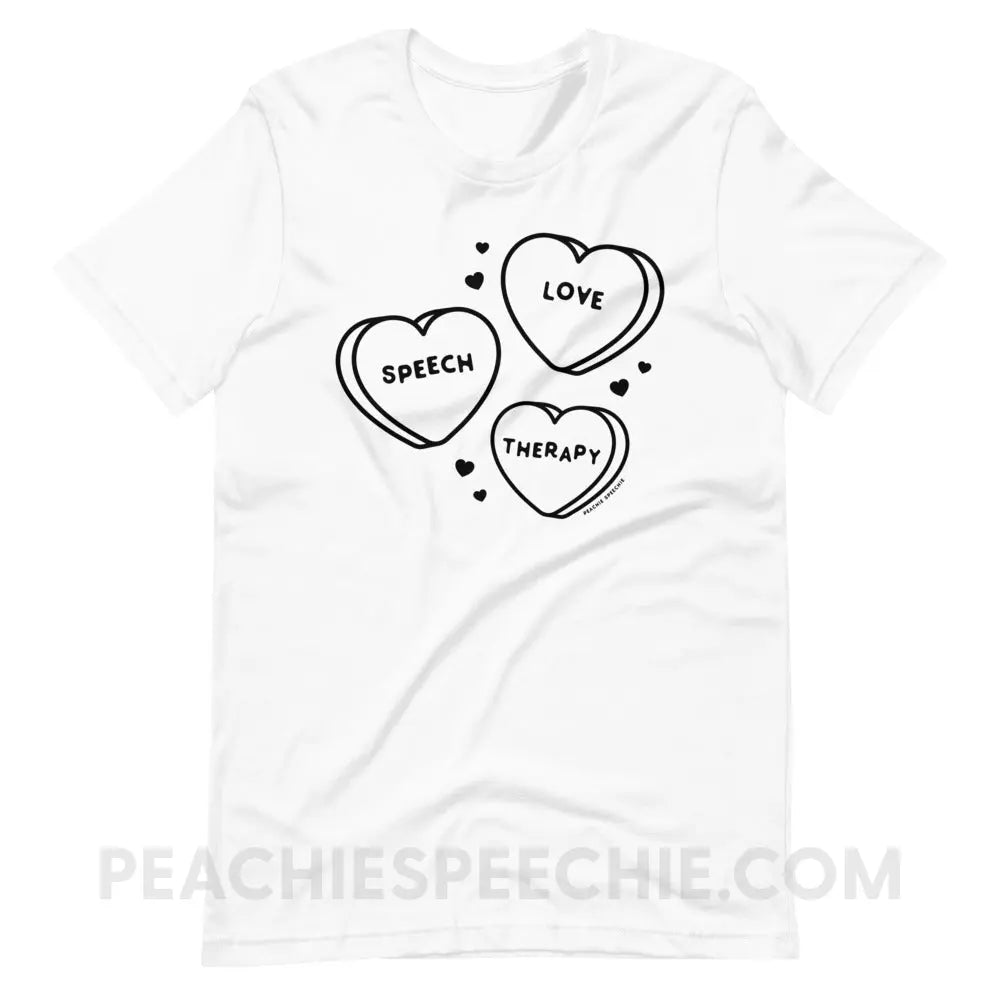 Love Speech Therapy Candy Hearts Premium Soft Tee - White / XS - peachiespeechie.com